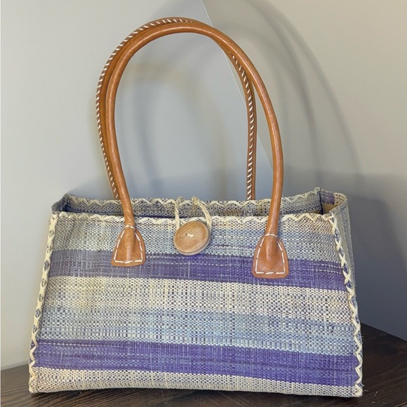 Vtg Handwoven Madagascar Raffia Stripe Tote Bag - Picture 2 of 14